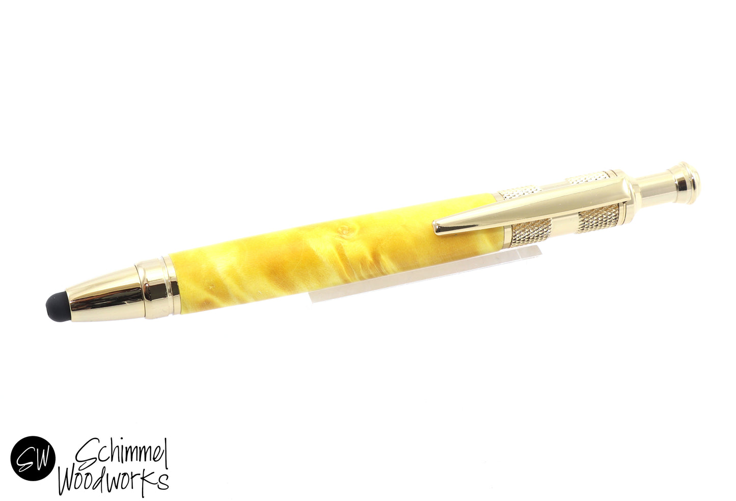 Yellow Burl Gold Click Pen with Stylus